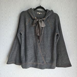 Mystree Fuzzy Draped Front Surplice Bow Tie Bell Sleeve Hooded Sweater Gray S
